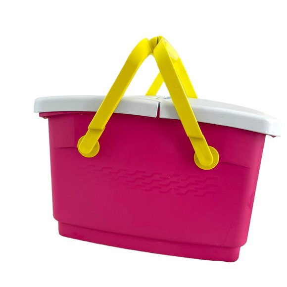 Vtg 90s Rubbermaid Fun Tote Picnic Basket Plastic Hot Pink Yellow Handles 1422 - Picture 5 of 11